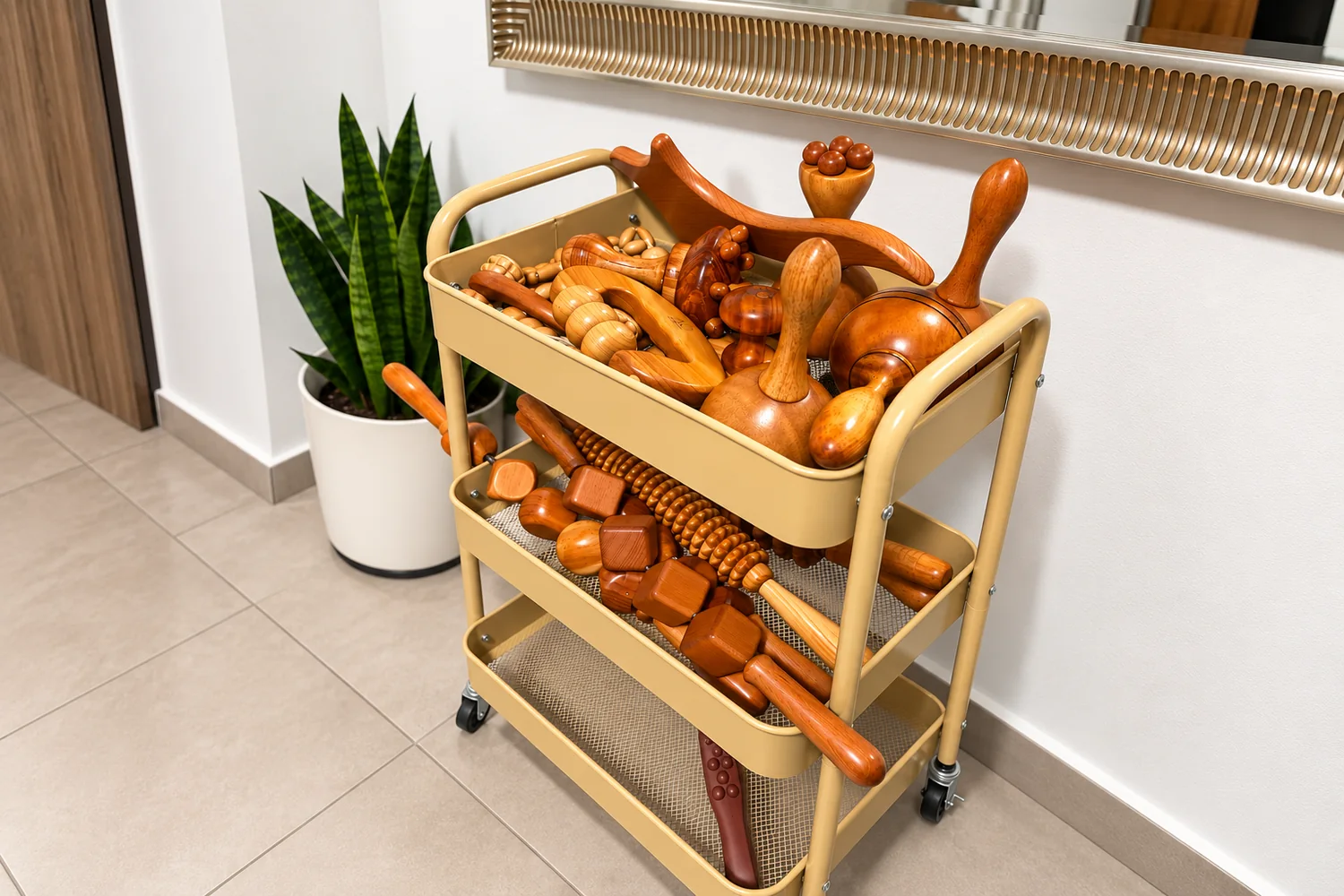 Carro con los instrumentos de maderoterapia de la cabina: rodillos, copas, tablas y mazos de madera